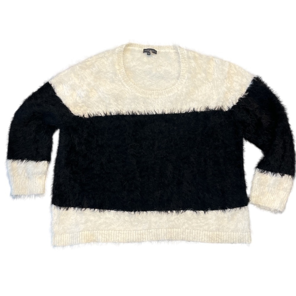 Vince Camuto Medium Fuzzy Black and White Scoop Neck Sweater